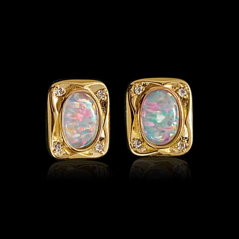 Square Set Oval Opal 14K Gold Stud Earrings