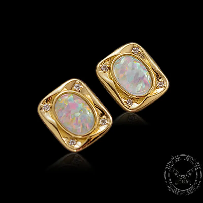 Square Set Oval Opal 14K Gold Stud Earrings