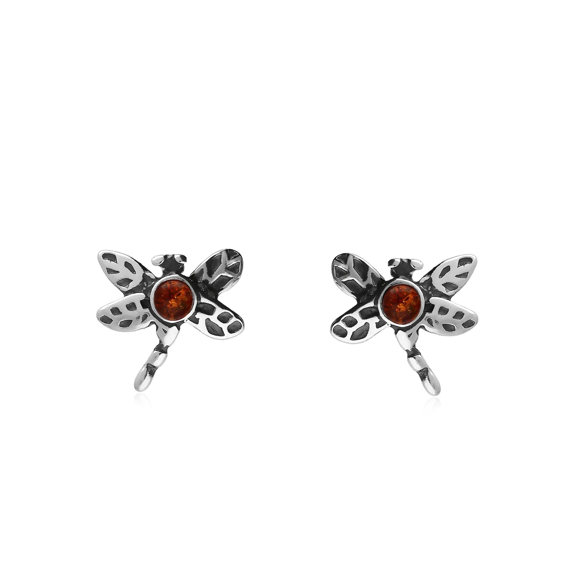 Sterling Silver Amber Dragonfly Stud Earrings