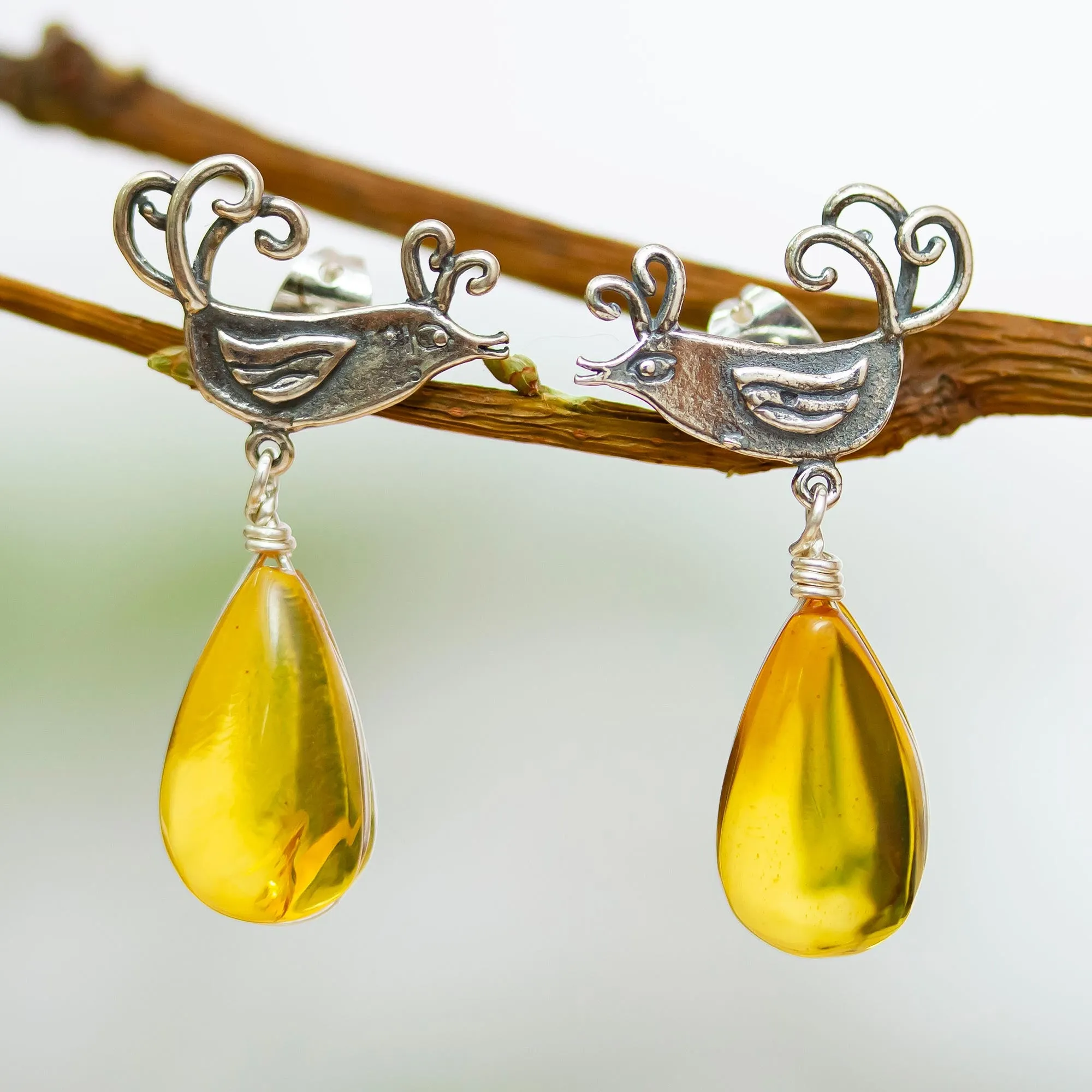 Sterling Silver Bird Earrings with Amber Droplets - Flirty Birds | NOVICA