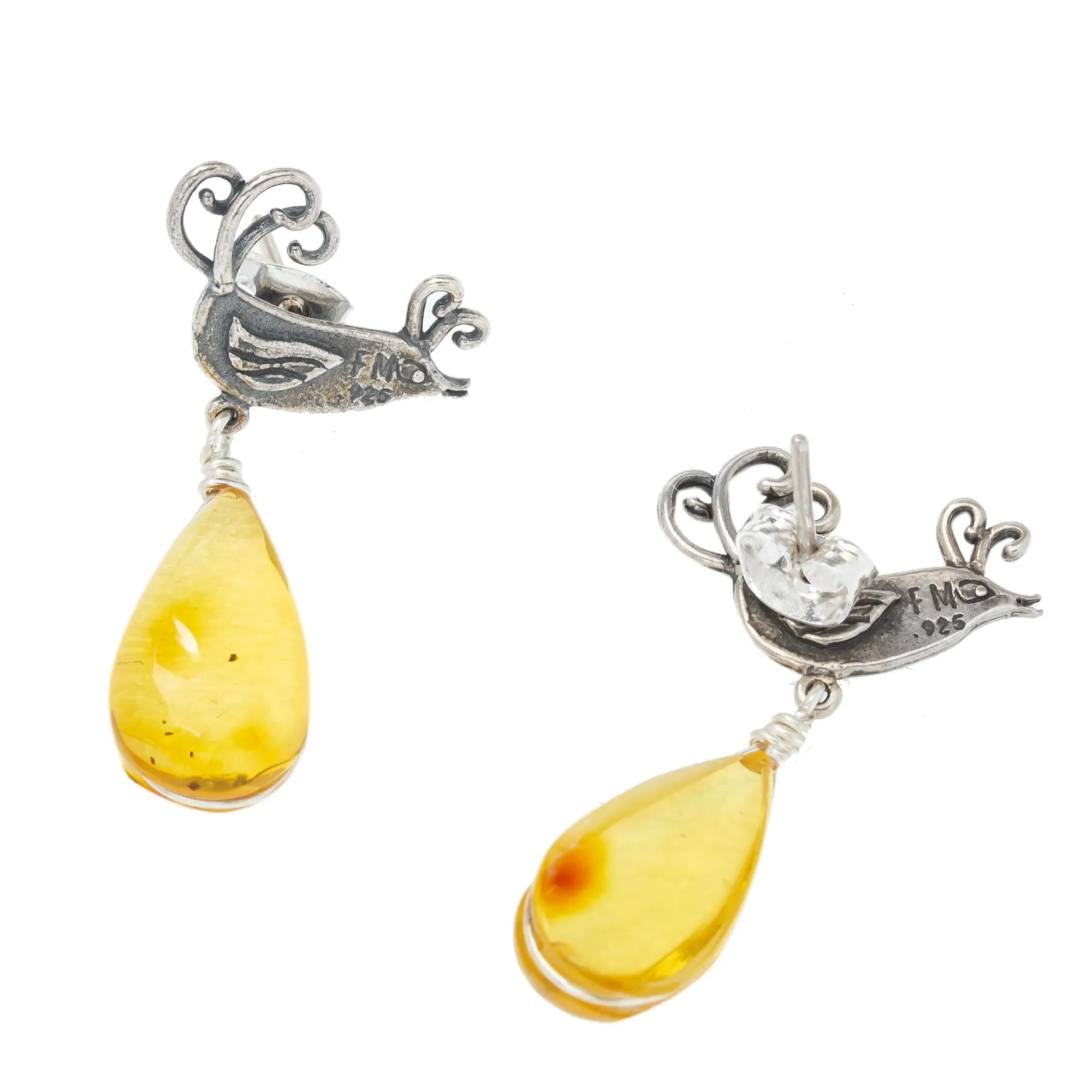 Sterling Silver Bird Earrings with Amber Droplets - Flirty Birds | NOVICA