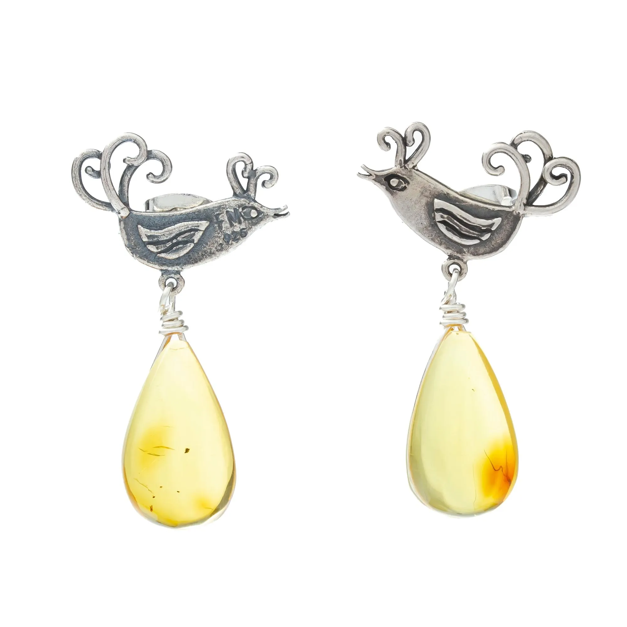 Sterling Silver Bird Earrings with Amber Droplets - Flirty Birds | NOVICA