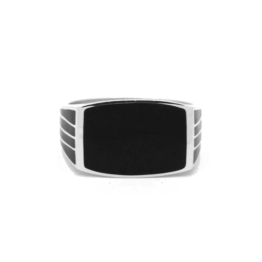 STERLING SILVER BLACK ENAMEL RECTANGULAR SIGNET RING
