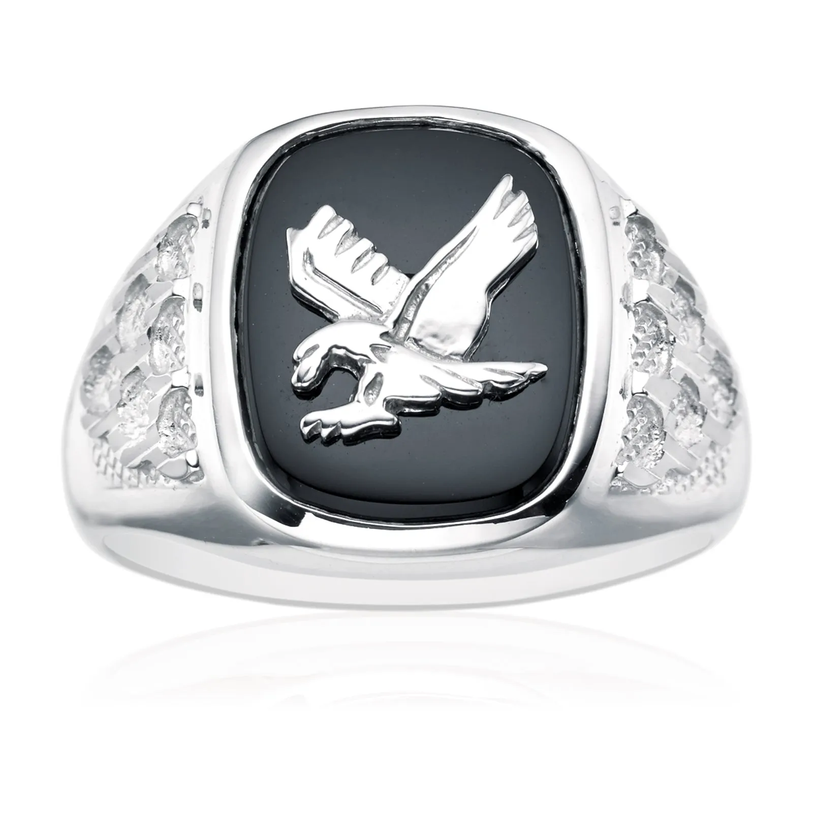 Sterling Silver Cubic Zirconia & Black Onyx Eagle Signet Mens Ring