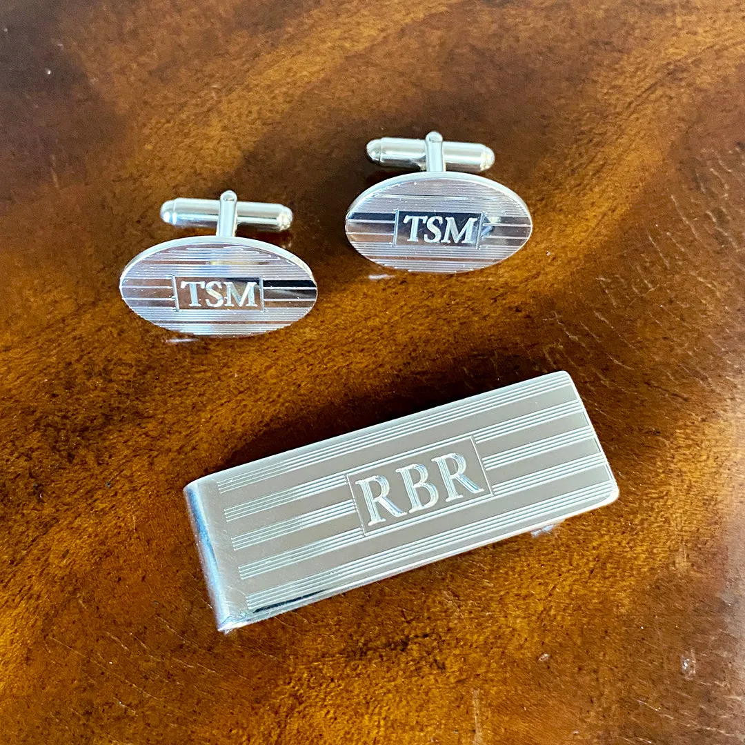 Sterling Silver Large Engine Turned Oval Cufflinks