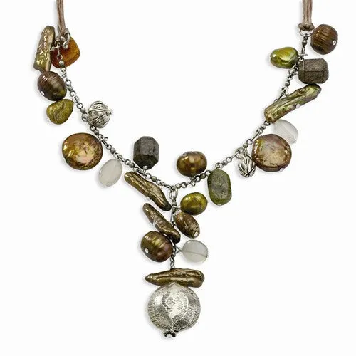 Sterling Silver, Moonstone, Unakite, Heonite FW Cultured Pearl Necklace