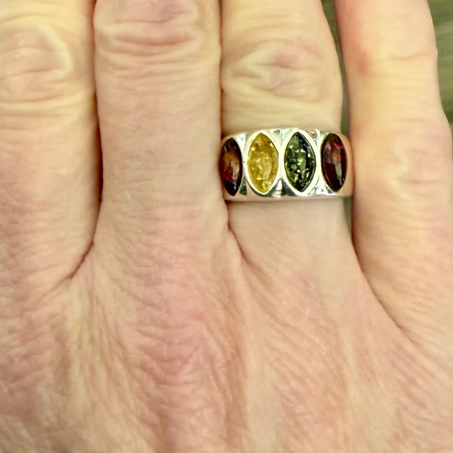 Sterling Silver Multicolor Baltic Amber Four Stone Marquise Shape Ring New