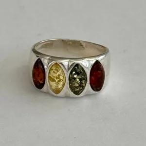 Sterling Silver Multicolor Baltic Amber Four Stone Marquise Shape Ring New