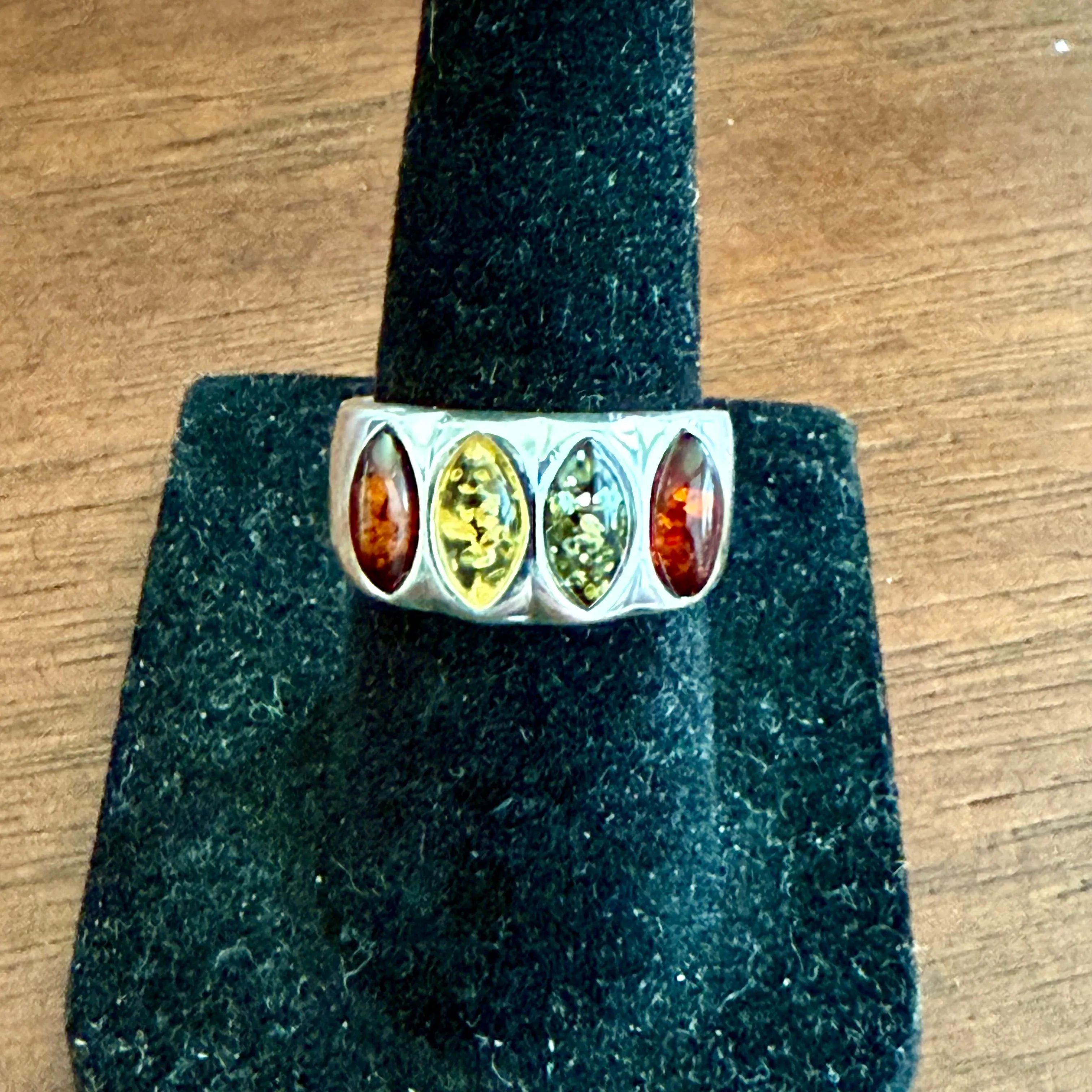 Sterling Silver Multicolor Baltic Amber Four Stone Marquise Shape Ring New