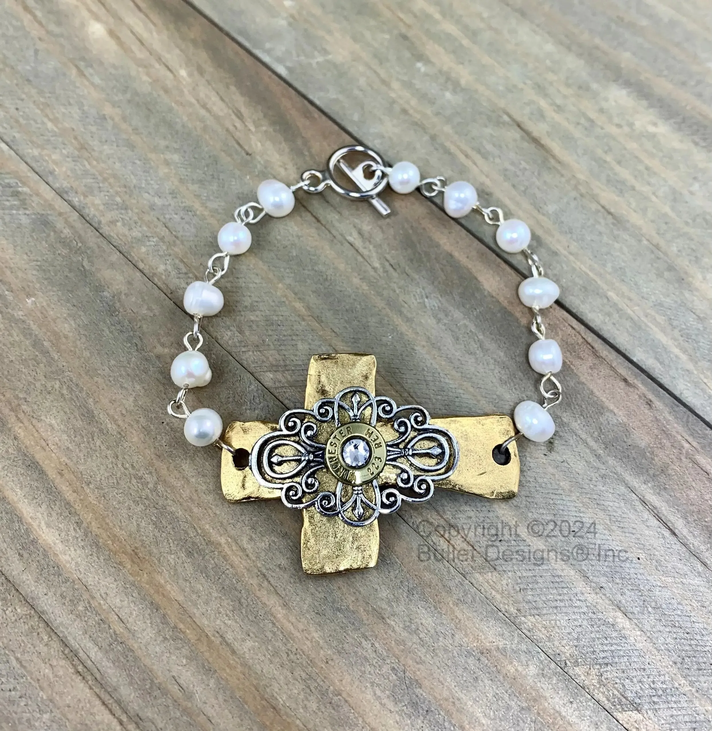The Preacher's Wife Bullet Bracelet, Winchester Brass 223 AR-15, 9mm, 380, Antique Silver & Gold, Hammered Cross, Freshwater Pearl, Elegant