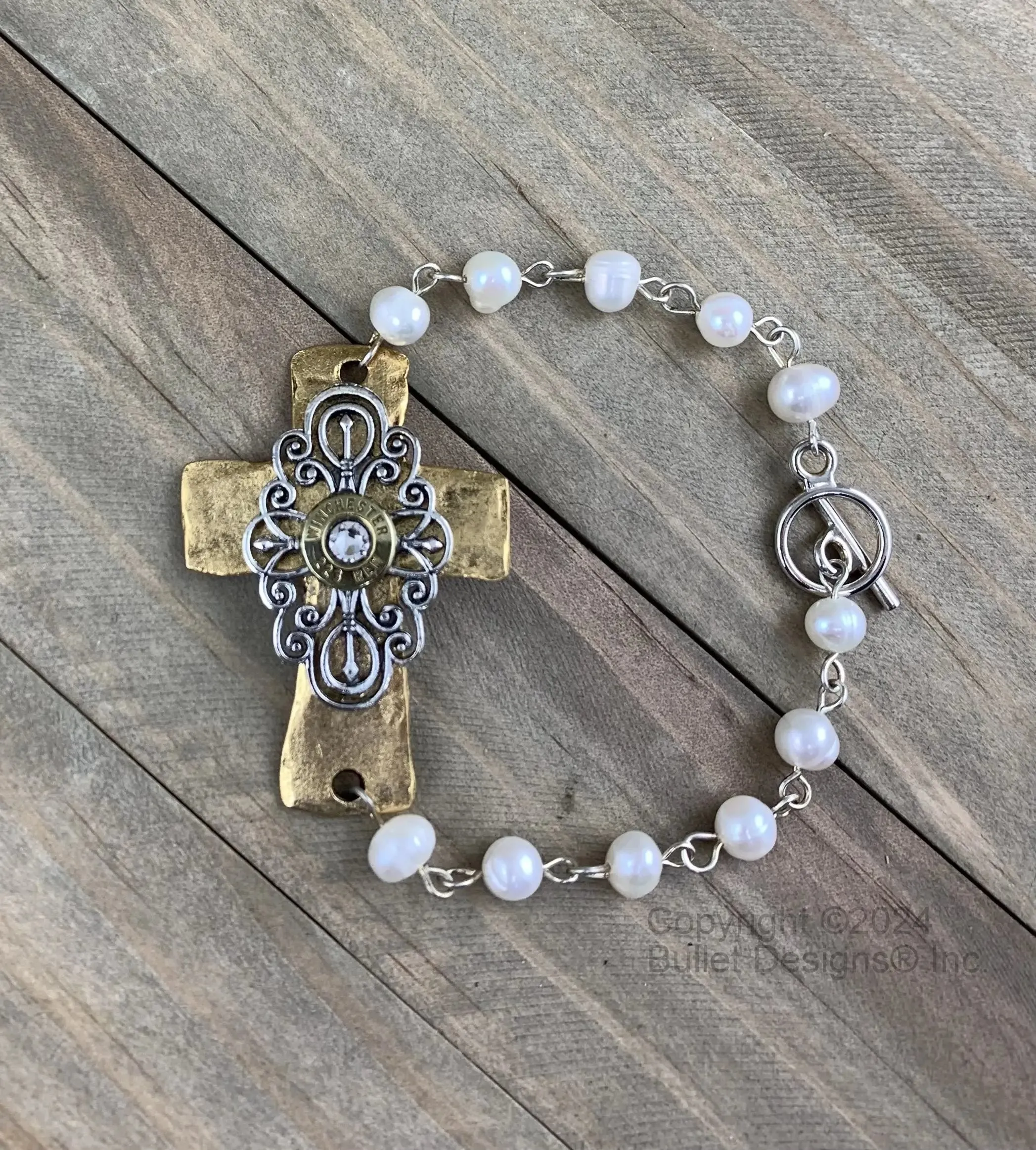 The Preacher's Wife Bullet Bracelet, Winchester Brass 223 AR-15, 9mm, 380, Antique Silver & Gold, Hammered Cross, Freshwater Pearl, Elegant