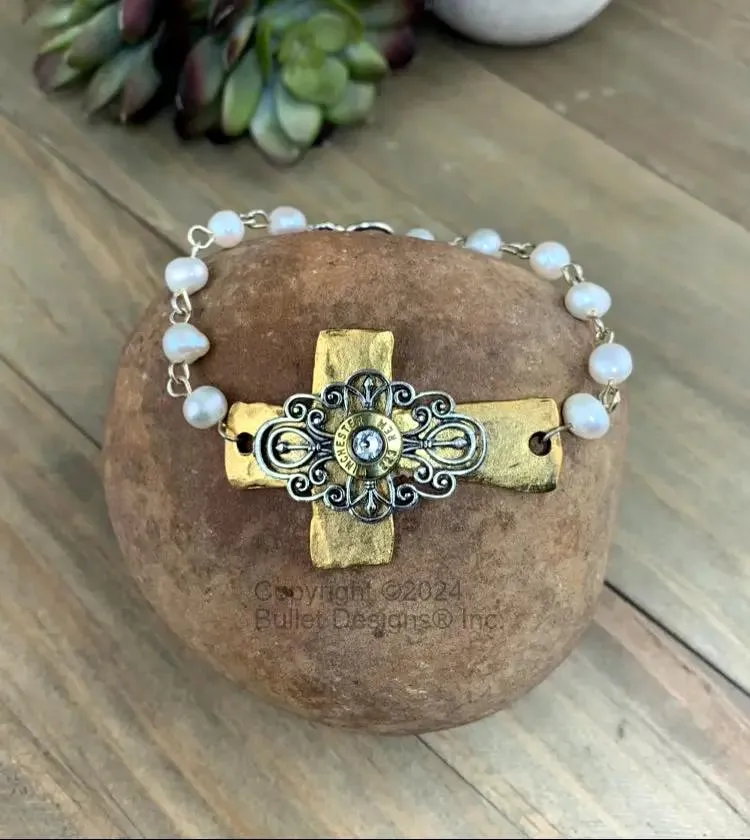 The Preacher's Wife Bullet Bracelet, Winchester Brass 223 AR-15, 9mm, 380, Antique Silver & Gold, Hammered Cross, Freshwater Pearl, Elegant