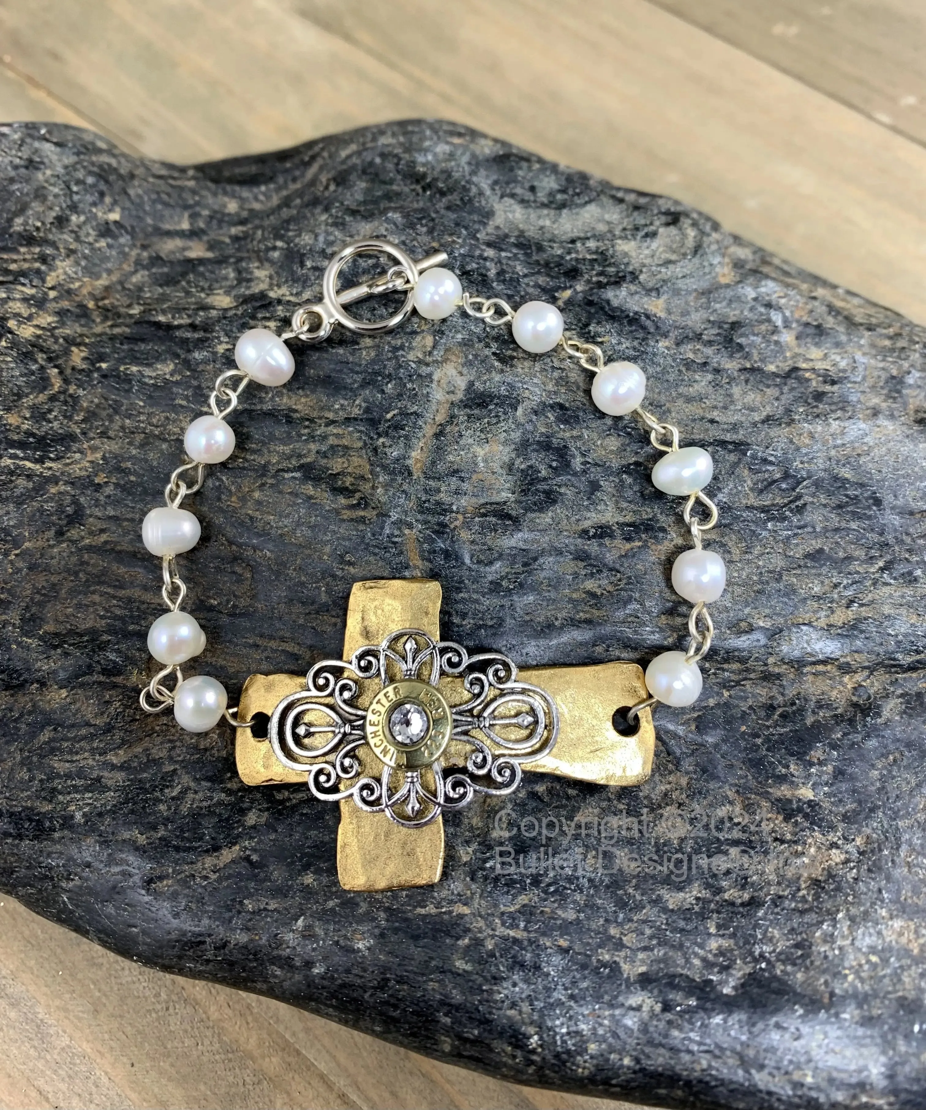 The Preacher's Wife Bullet Bracelet, Winchester Brass 223 AR-15, 9mm, 380, Antique Silver & Gold, Hammered Cross, Freshwater Pearl, Elegant