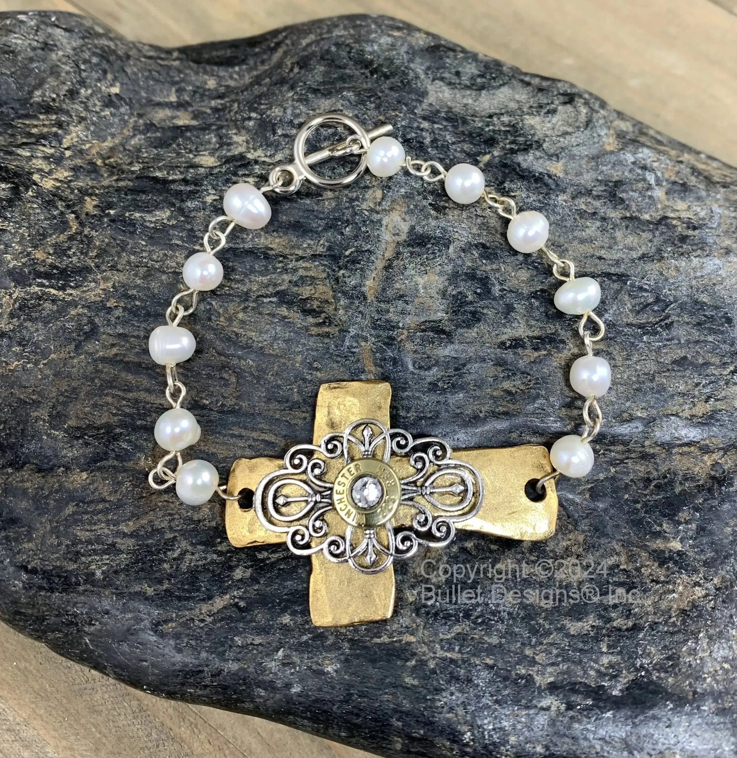 The Preacher's Wife Bullet Bracelet, Winchester Brass 223 AR-15, 9mm, 380, Antique Silver & Gold, Hammered Cross, Freshwater Pearl, Elegant
