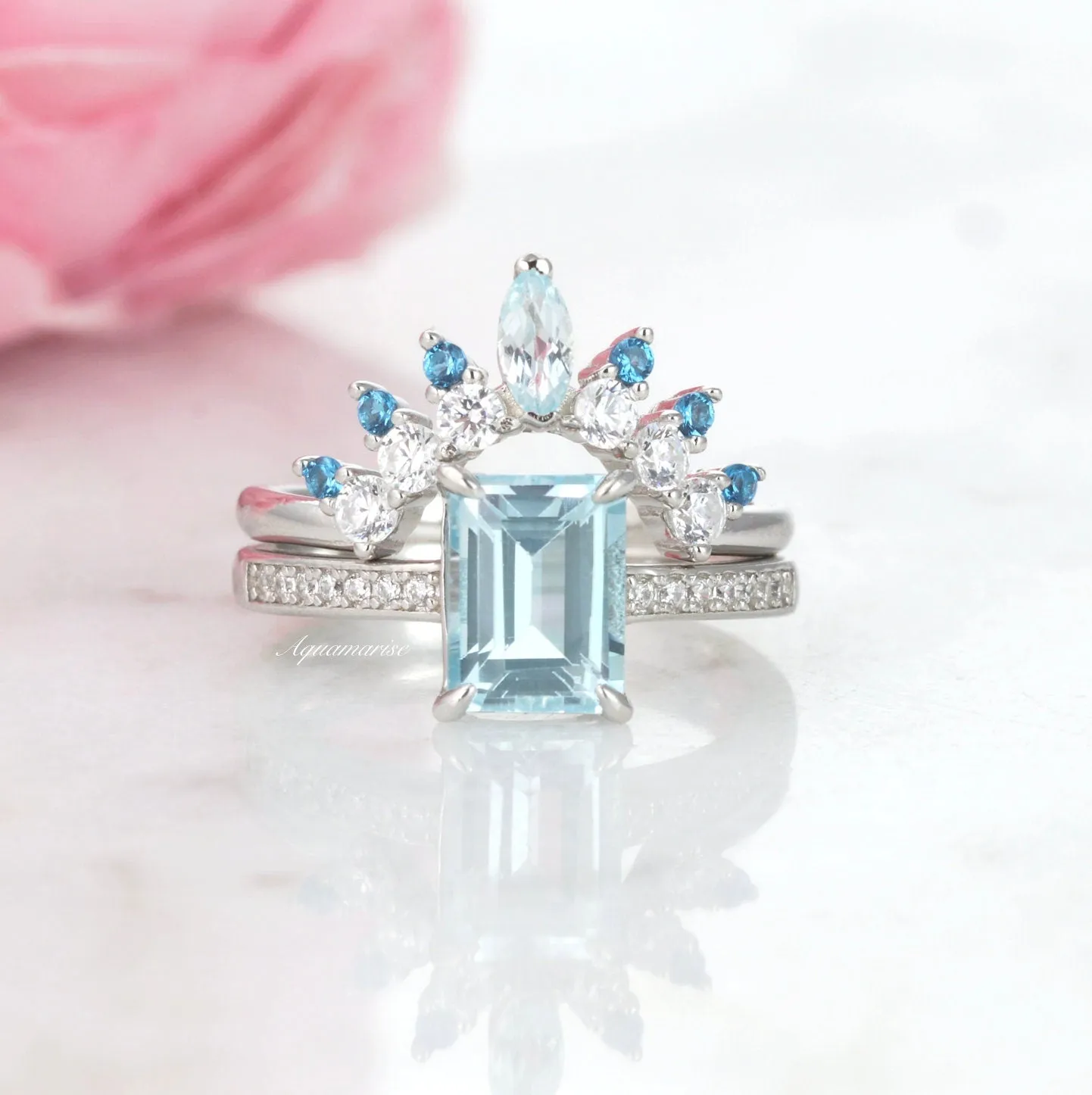 Tiara Aquamarine & Swiss Blue Topaz Wedding Band- Sterling Silver