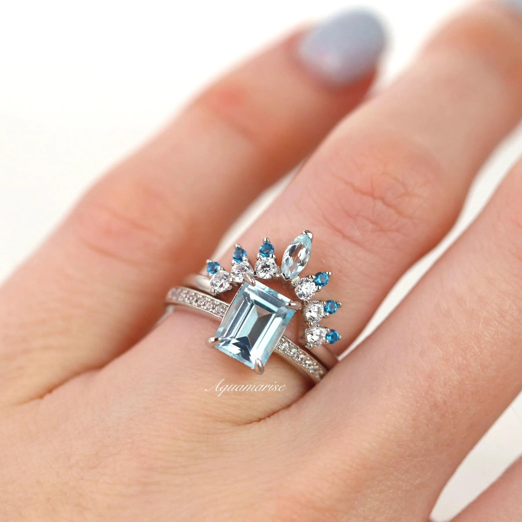 Tiara Aquamarine & Swiss Blue Topaz Wedding Band- Sterling Silver