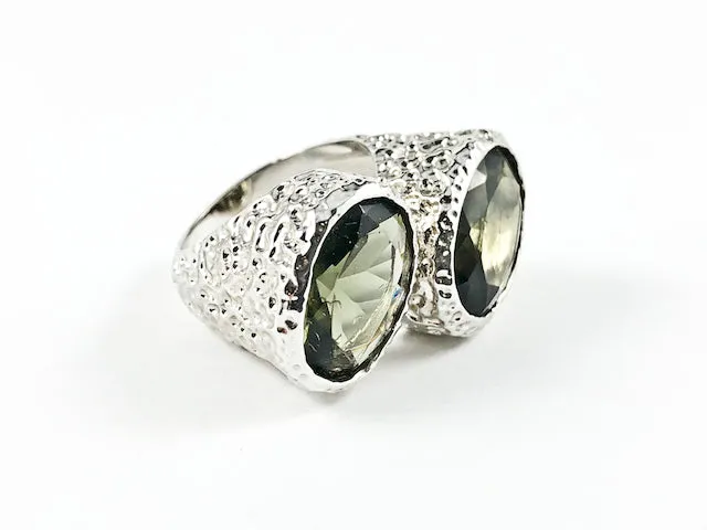 Unique Duo Stone Connected Design Hammered Band Brass Ring