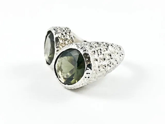 Unique Duo Stone Connected Design Hammered Band Brass Ring