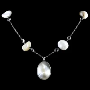 Vintage Blister Pearl Pendant Chain Necklace Silver