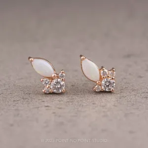 White Opal and Diamond Cluster Studs, 14k Rose Gold Earrings