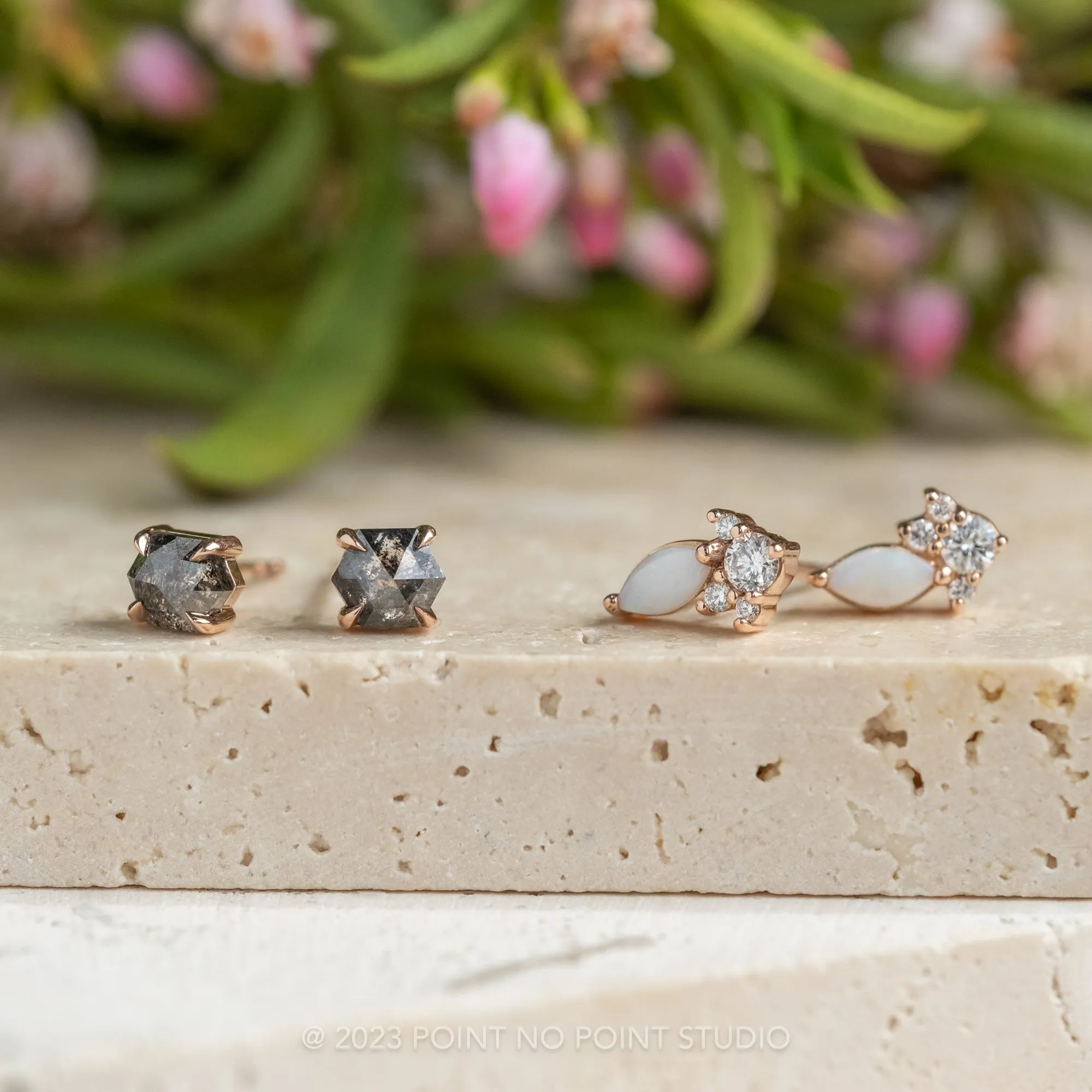 White Opal and Diamond Cluster Studs, 14k Rose Gold Earrings