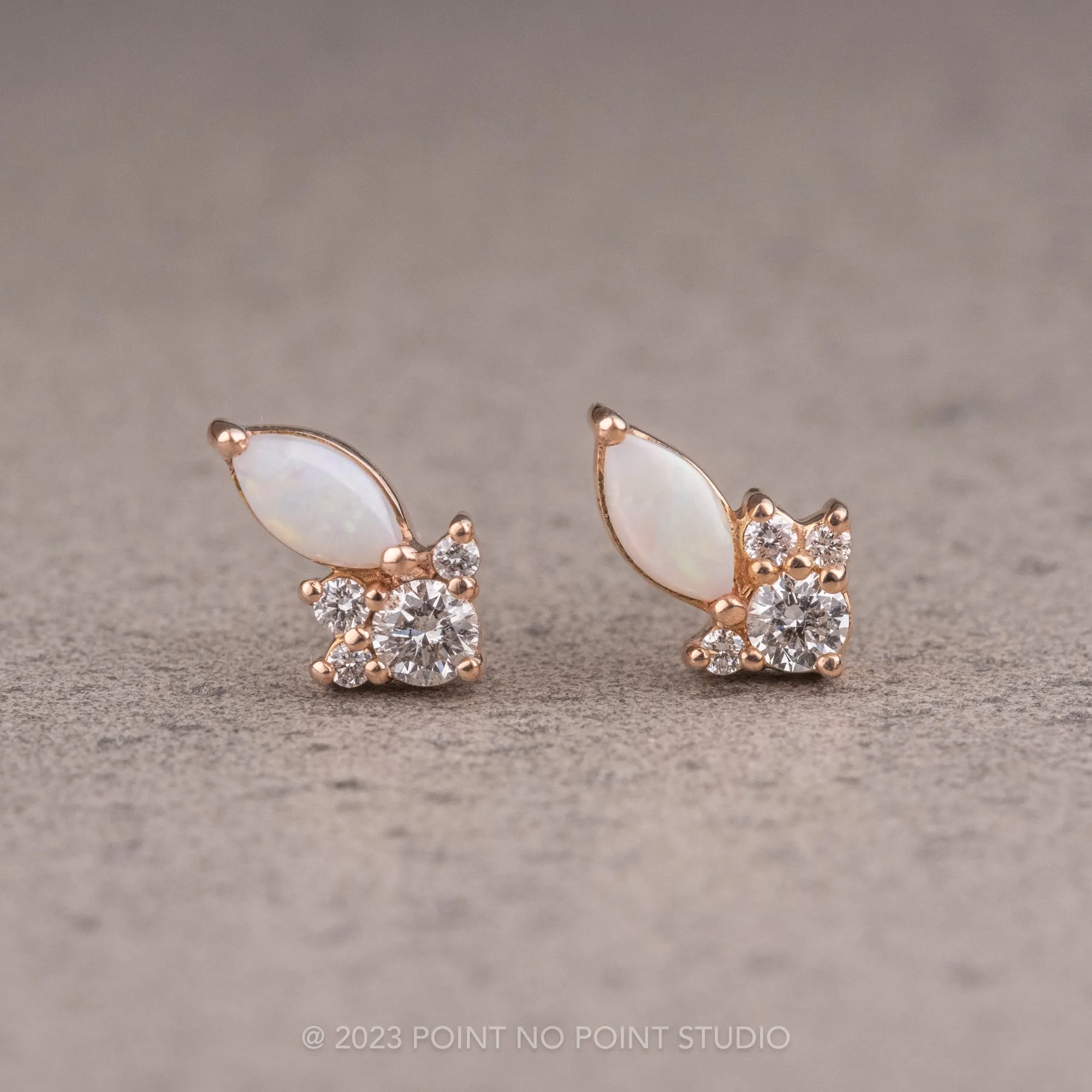 White Opal and Diamond Cluster Studs, 14k Rose Gold Earrings