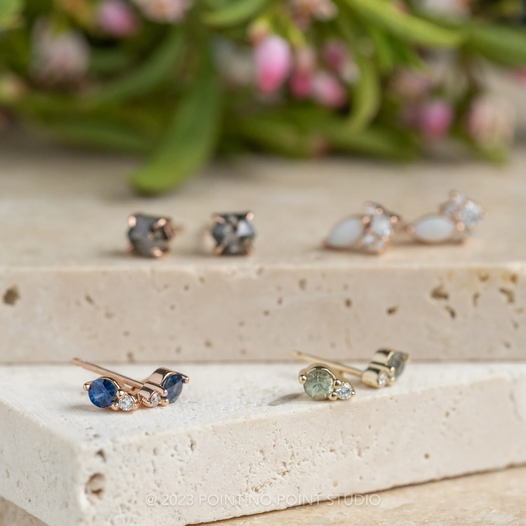 White Opal and Diamond Cluster Studs, 14k Rose Gold Earrings
