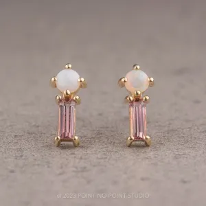White Opal and Pink Tourmaline Studs, 14k Yellow Gold Earrings