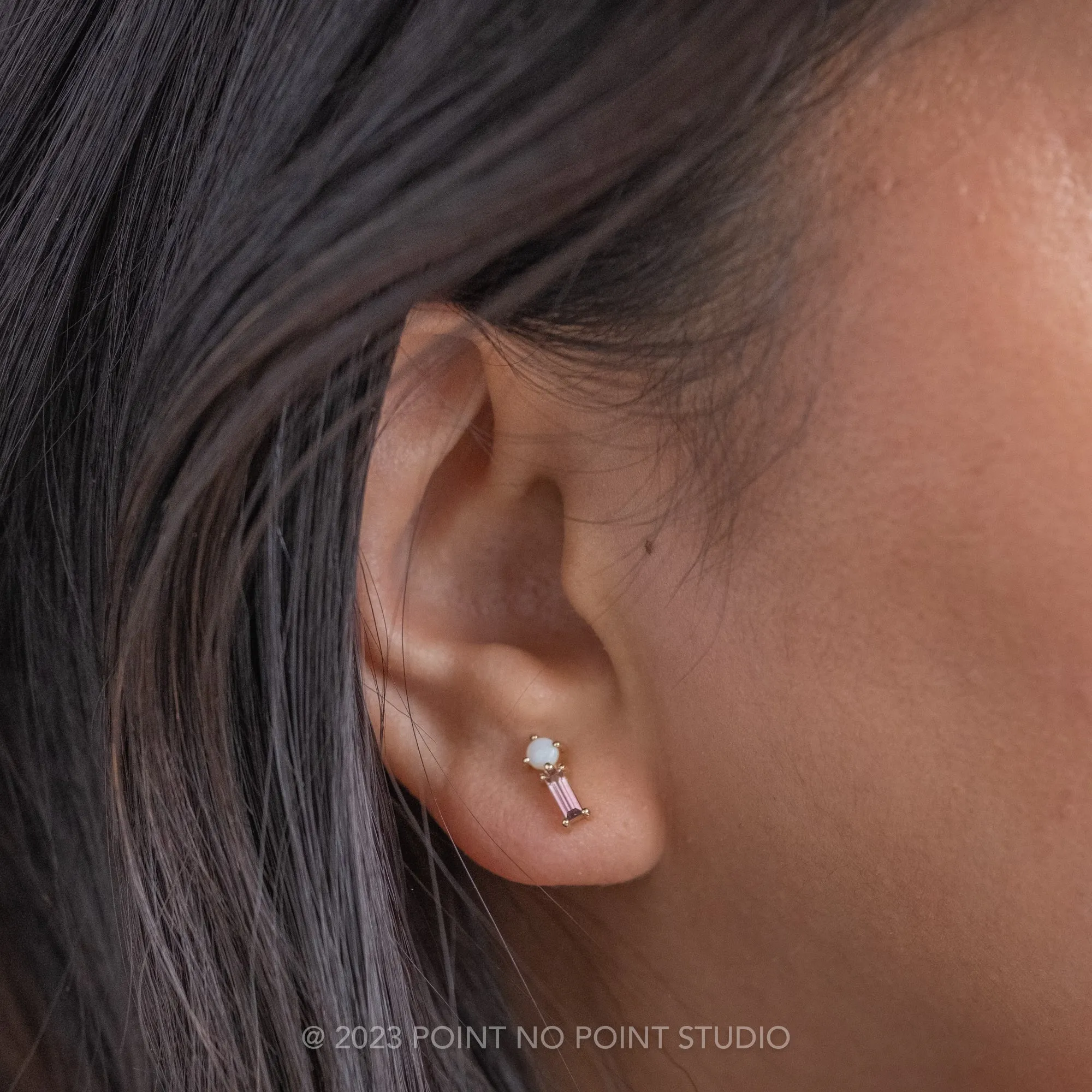 White Opal and Pink Tourmaline Studs, 14k Yellow Gold Earrings