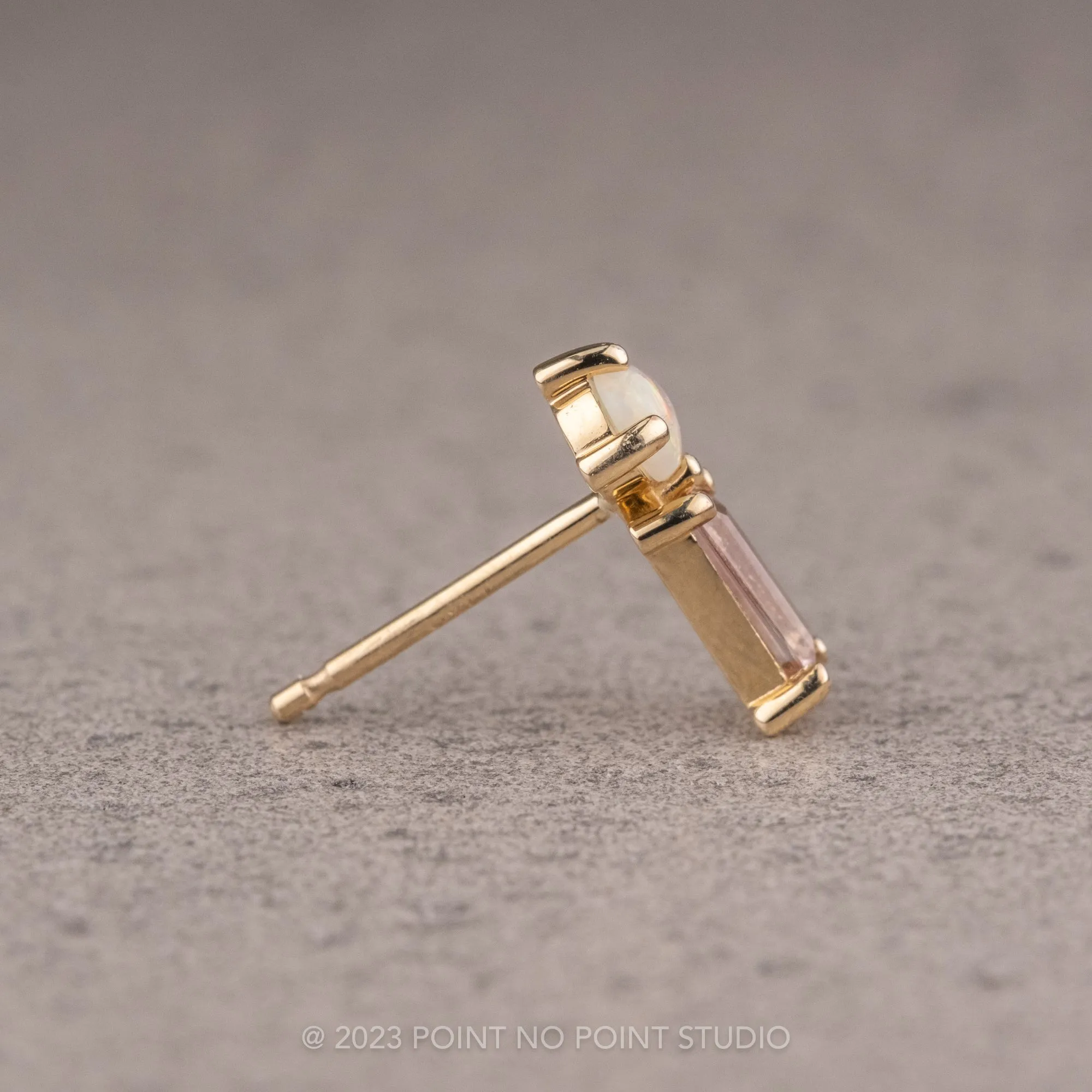 White Opal and Pink Tourmaline Studs, 14k Yellow Gold Earrings