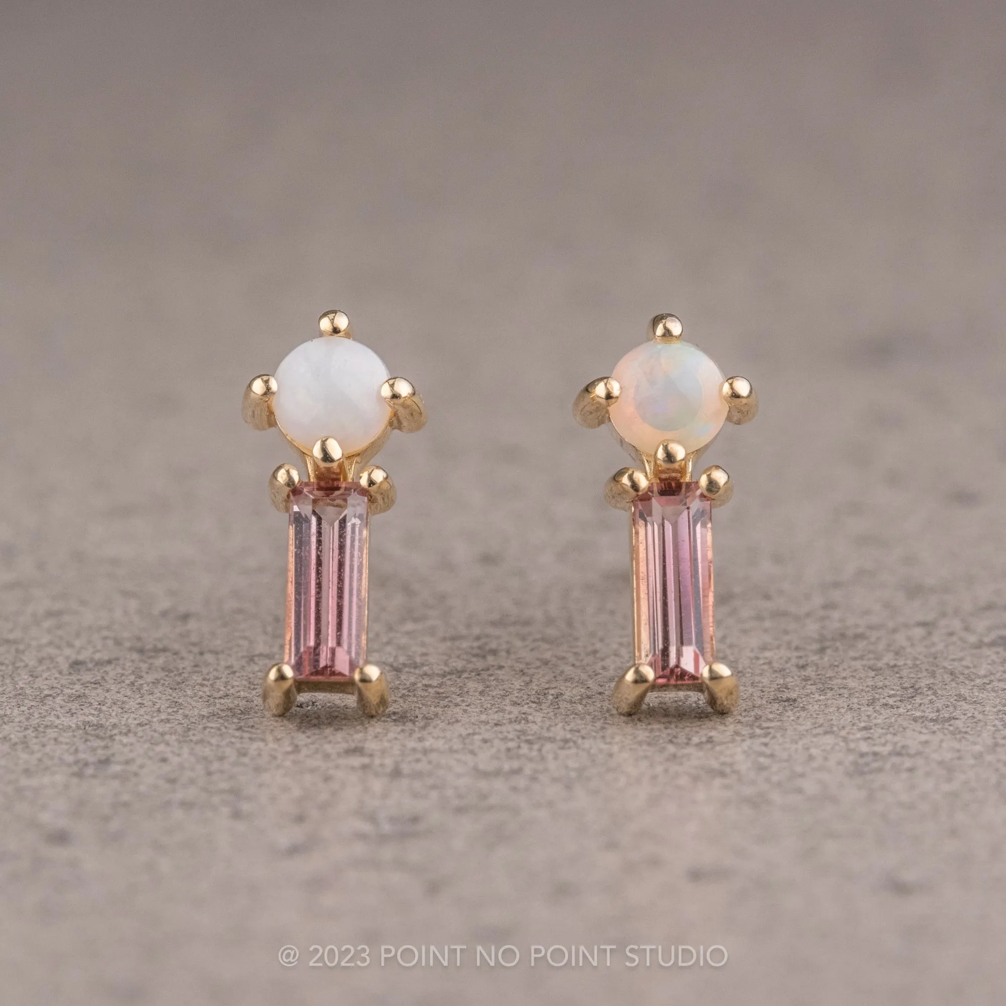 White Opal and Pink Tourmaline Studs, 14k Yellow Gold Earrings