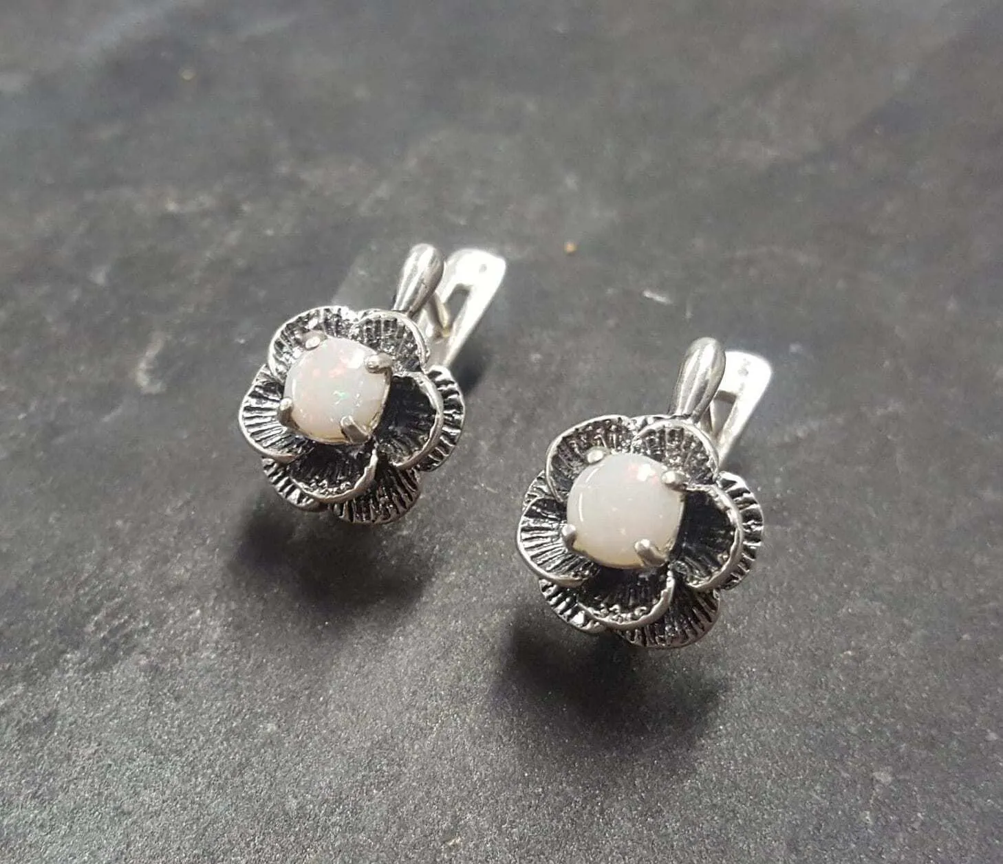 White Rose Earrings - Natural Australian Opal Earrings - Vintage Flower Studs