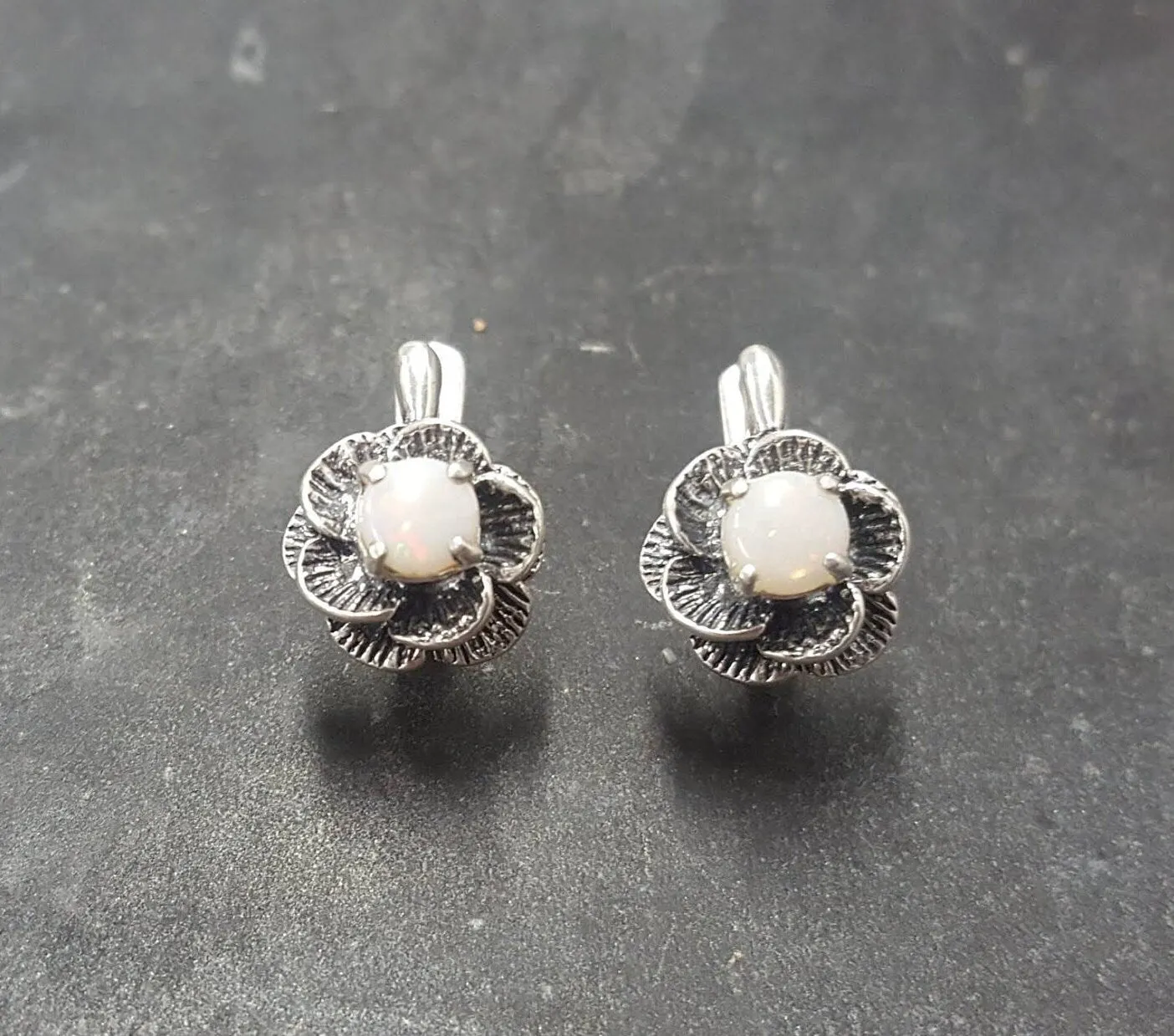 White Rose Earrings - Natural Australian Opal Earrings - Vintage Flower Studs