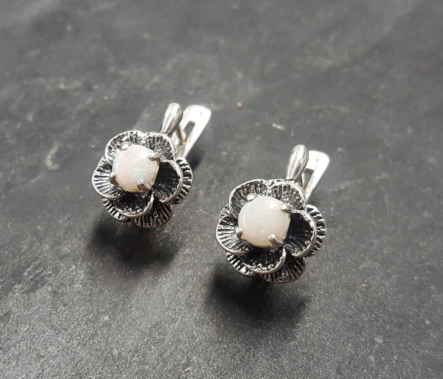 White Rose Earrings - Natural Australian Opal Earrings - Vintage Flower Studs