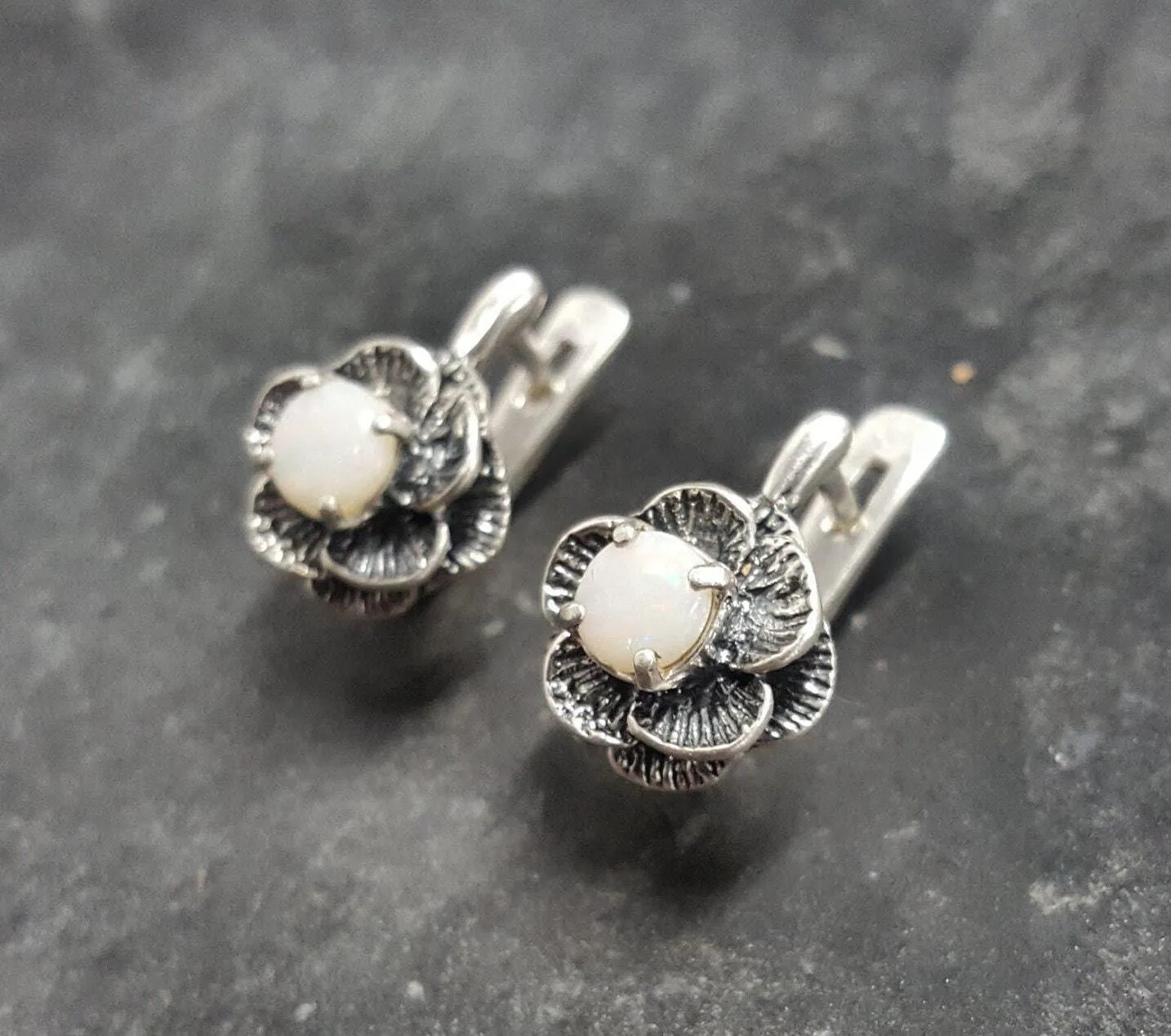 White Rose Earrings - Natural Australian Opal Earrings - Vintage Flower Studs
