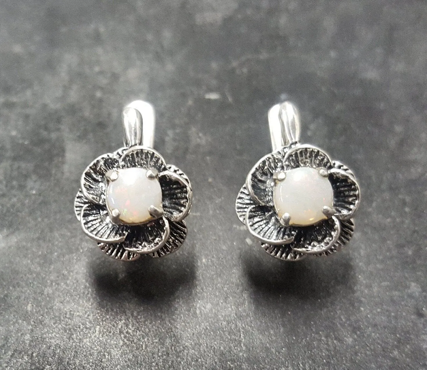 White Rose Earrings - Natural Australian Opal Earrings - Vintage Flower Studs