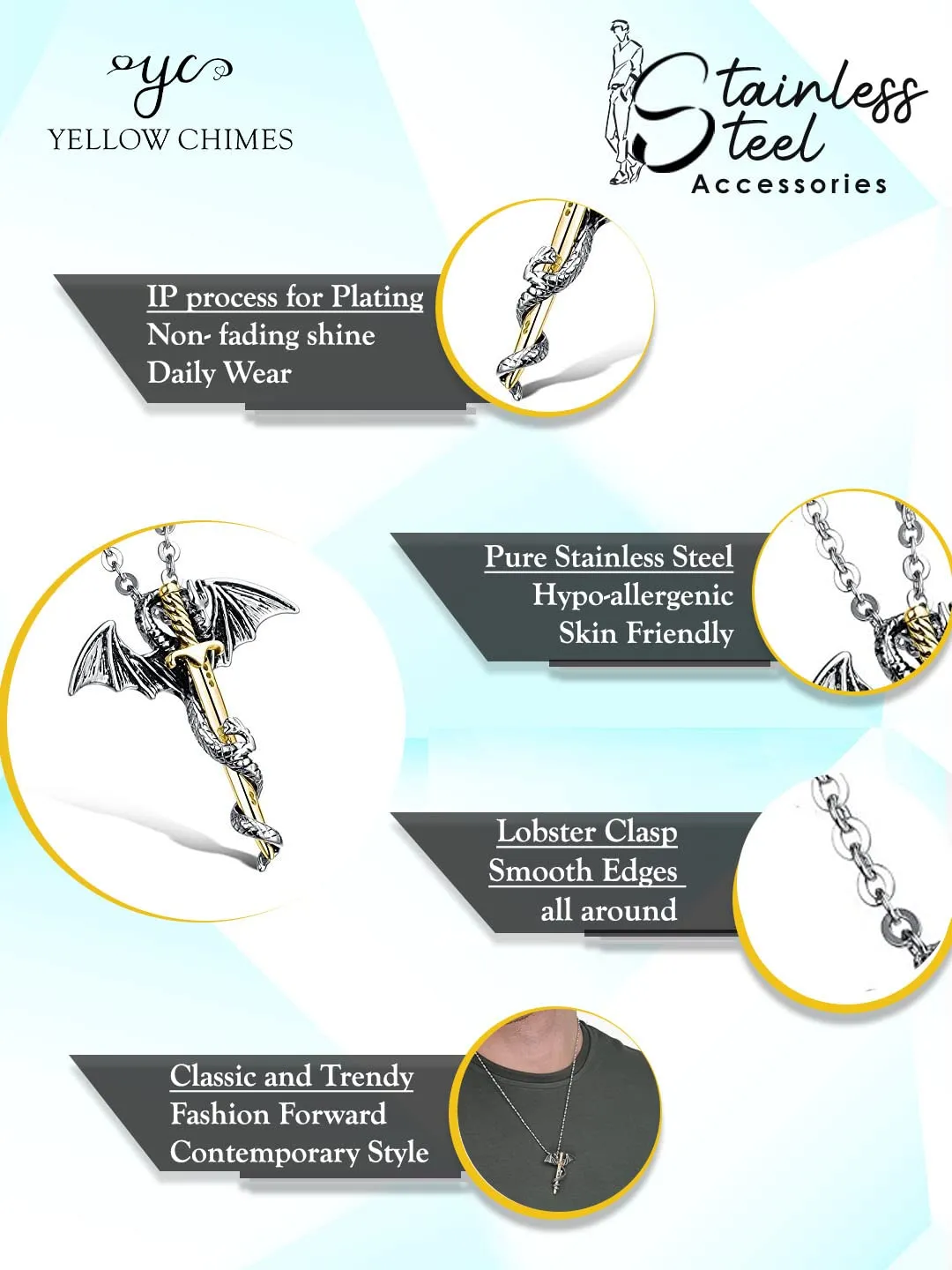 Yellow Chimes Pendant for Men and Boys Silver Pendants For Men | Stainless Steel Black Pendant Chain for Men | Birthday Gift for Men and Boys Anniversary Gift for Husband (Gold Silver 3)